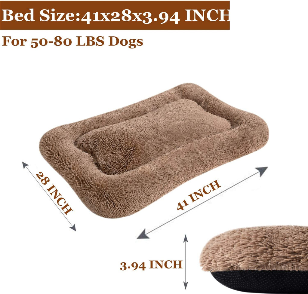 Coohom Deluxe Plush Dog Bed Pet Cushion Crate Mat,Fulffy Comfy Kennel Anti-Slip Washable Pad for Medium Large X-Large Dogs(X-Large, Khaki)
