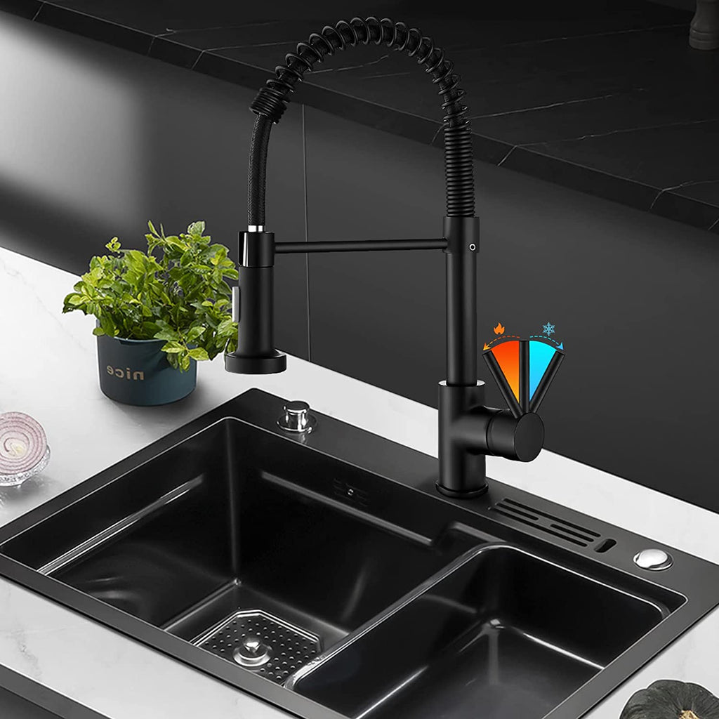 ZSW Kitchen Faucets with Pull down Sprayer, Commercial Industrial Spring Single Handle Stainless Steel & Solid Brass Kitchen Sink Faucets for Farmhouse Camper Kitchen Rv (Matte Black)