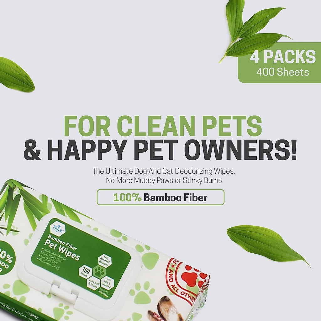 MED PRIDE 100% Bamboo Fiber Pet Wipes [4 Packs = 400 Wipes] - Hypoallergenic Dog and Cat Cleaning Wipes with Aloe Vera- Alcohol and Paraben-Free Deodorizing Pet Wipes- Dog/Puppy Bath Wipes, 8”X8”
