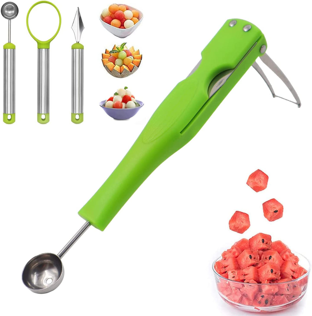 Watermelon Slicer Cutter Knife with Melon Baller Scoop Set，Fruit Scooper Seed Remover Watermelon Knife for Ice Cream Melon，Dig Pulp Separator Fruit Slice