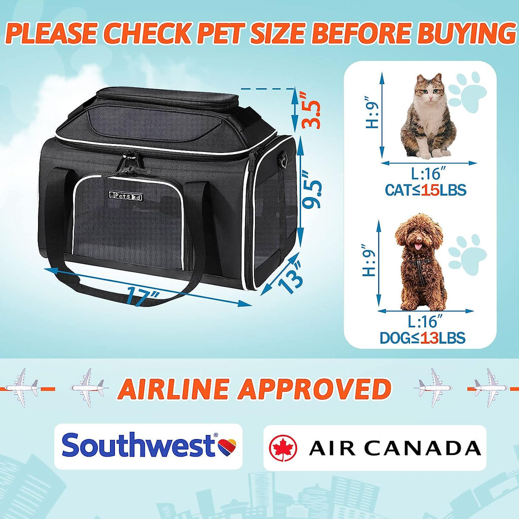 Pet Carrier Top-Expandable 17X13X9.5 Southwest Airline Approved, Soft Small Dog Cat Carrier for 1-15 LBS Pets with Locking Safety Zipper and Anti-Scratch Mesh(Black)