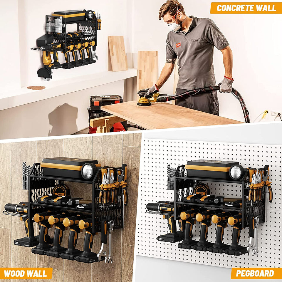 WorkPro Power Tool Organizer, Cordless Drill Holder Storage Wall Mount with 5 Drill Hanging Slots, Screwdriver Rack, Solid Wooden Tool Storage for
