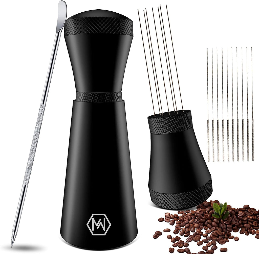 MEINV WDT Espresso Distribution Tool, 0.35Mm 7Needles Coffee Stirrer Distributor with Latte Art Pen & Stand, Aluminum Alloy Espresso Whisk with 3 Replaceable Needles for Coffee Bar Baristas (Black)