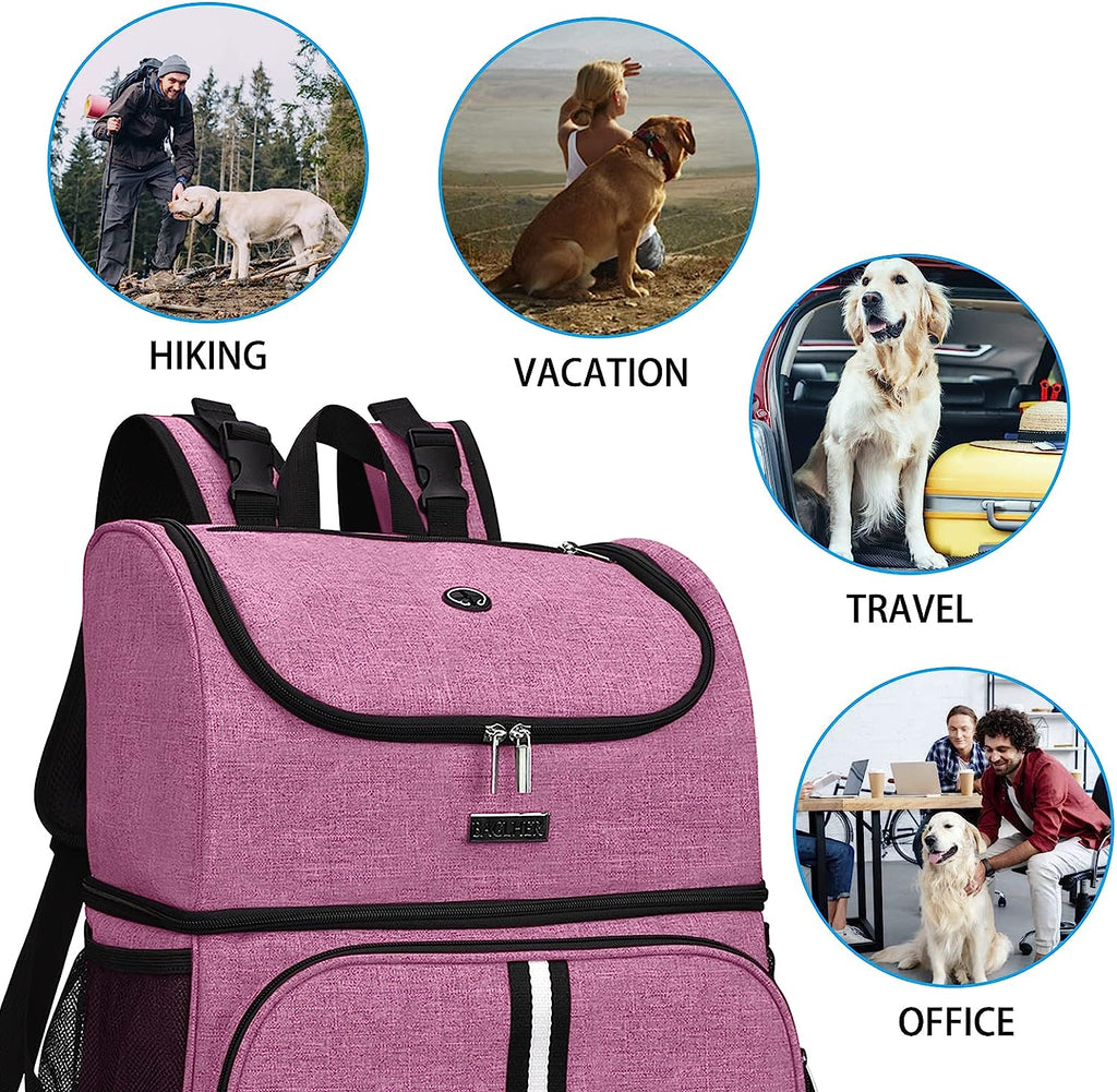 Pet Travel Bag, Double-Layer Pet Supplies Backpack (For All Pet Travel Supplies), Pet Travel Backpack with 2 Silicone Collapsible Bowls and 2 Food Baskets Pink