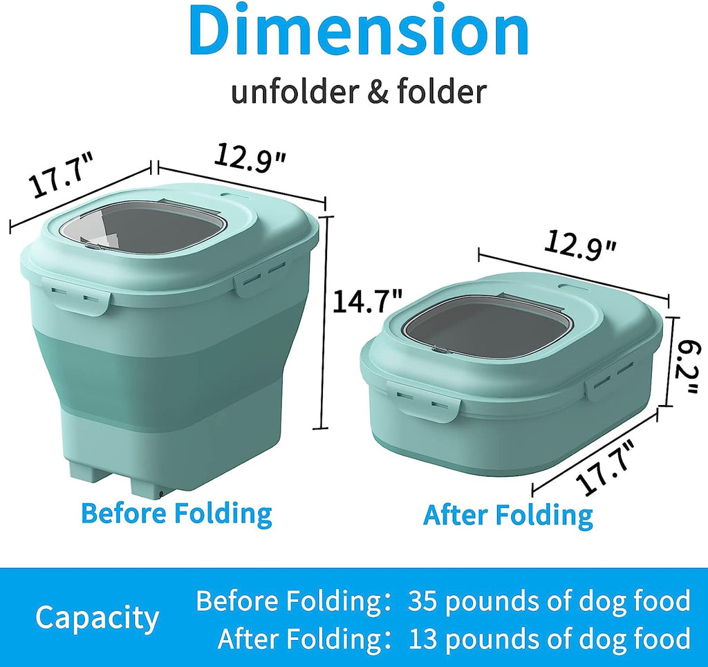 Foldable Dog Food Storage Container, 30 Lb Collapsible Airtight Pet Food Storage with Measuring Cup, Dog Treats, Large, Green