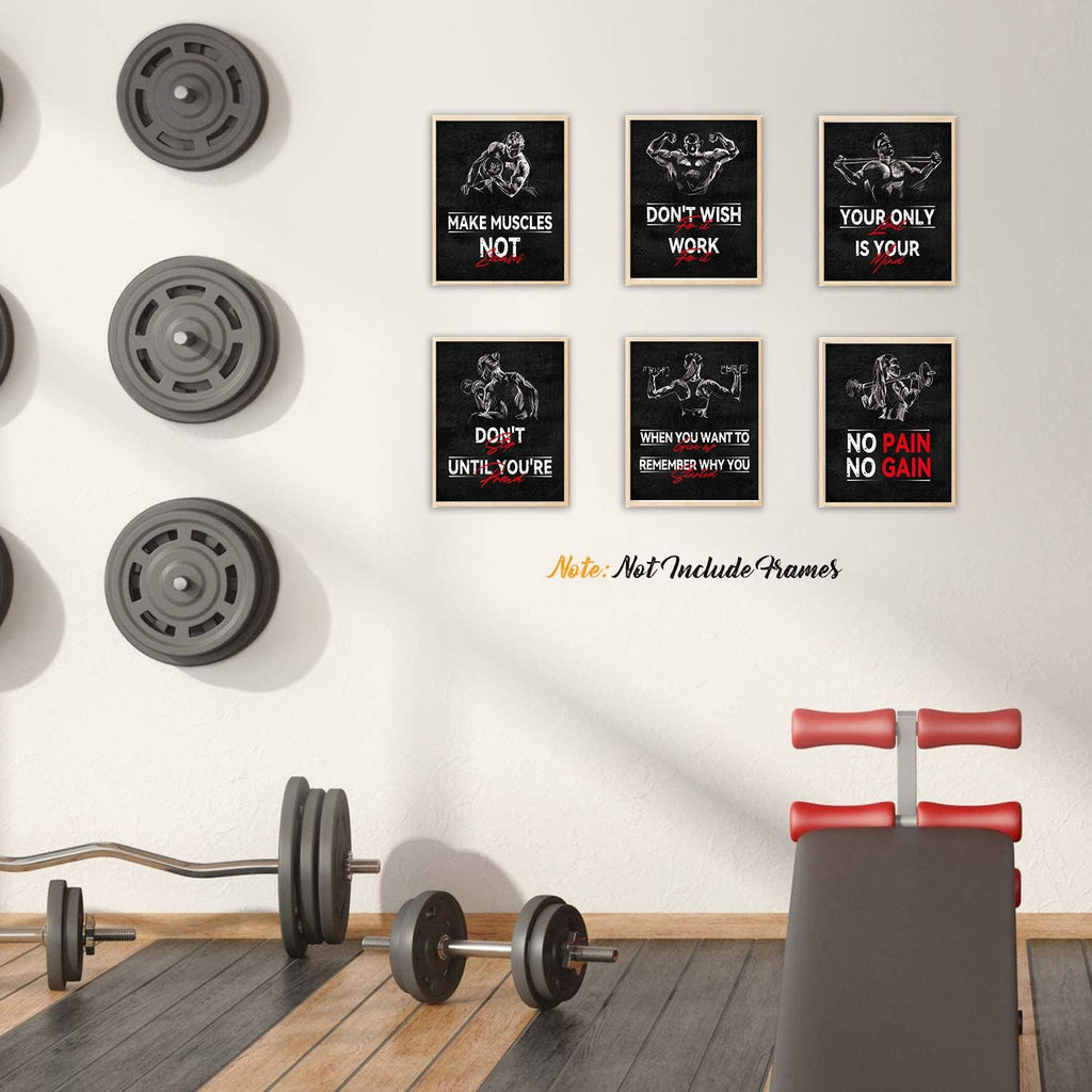 Inspirational Gym Quote Wall Art Print - Workout Fitness Canvas Print - Sports Themed Artwork for Gym Exercise Room Decor (Set of 6) - Unframed - 8X10 Inch