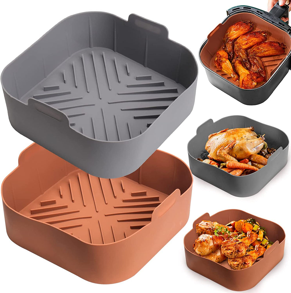 Silicone Air Fryer Basket Liners Square - 2Pcs Reusable Air Fryer Silicone Pots for Food Safe Air Fryers Oven Accessories(8.1 Inch)