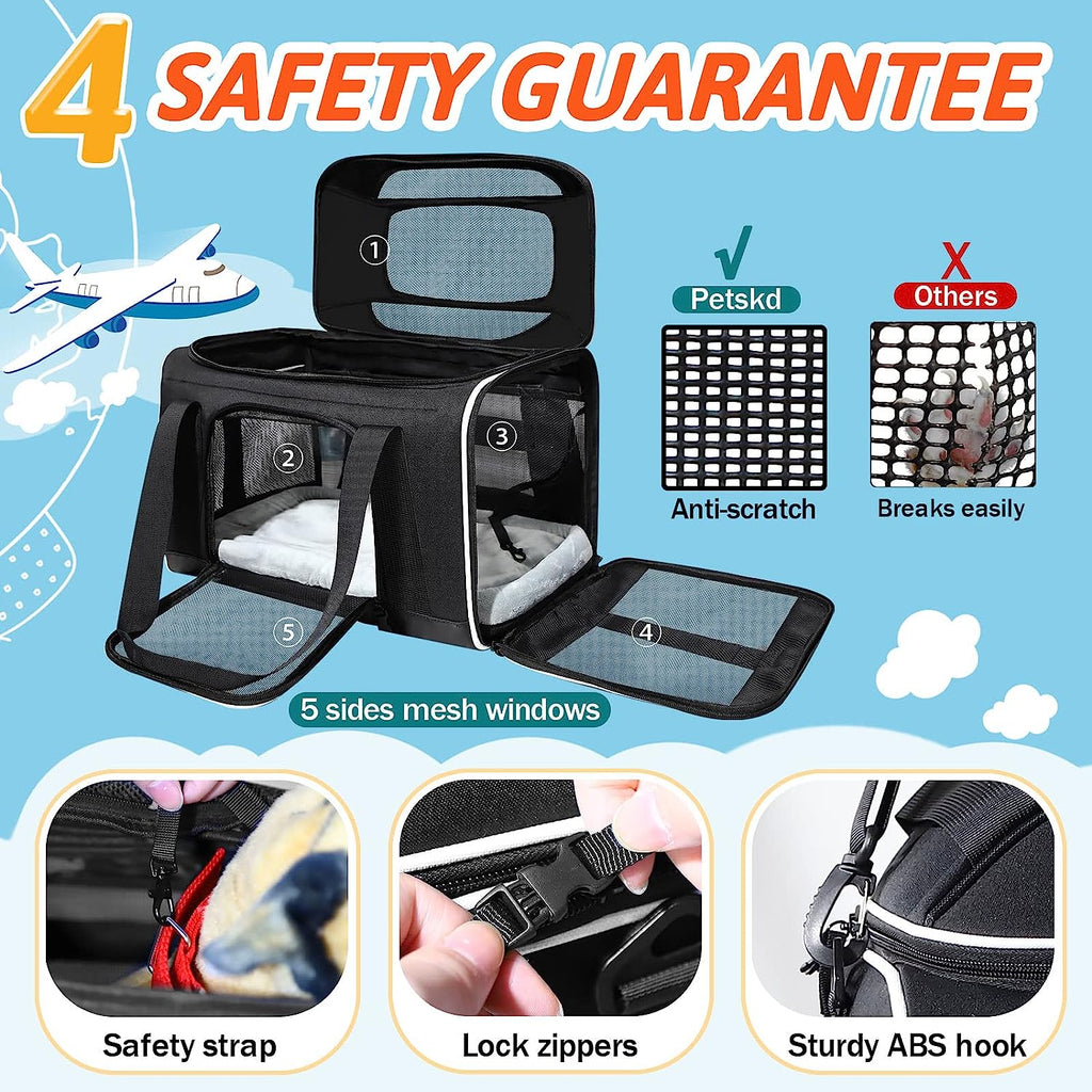 Pet Carrier Top-Expandable 17X13X9.5 Southwest Airline Approved, Soft Small Dog Cat Carrier for 1-15 LBS Pets with Locking Safety Zipper and Anti-Scratch Mesh(Black)