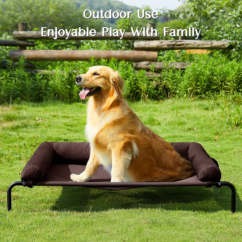 Western Home Elevated Dog Bed Cot, Raised Outdoor Dog Bed with Bolster for Large Dogs, Slightly Chew Proof Portable Cooling Pet Cot with Breathable Mesh, Skid-Resistant Feet, Brown, 43 Inches