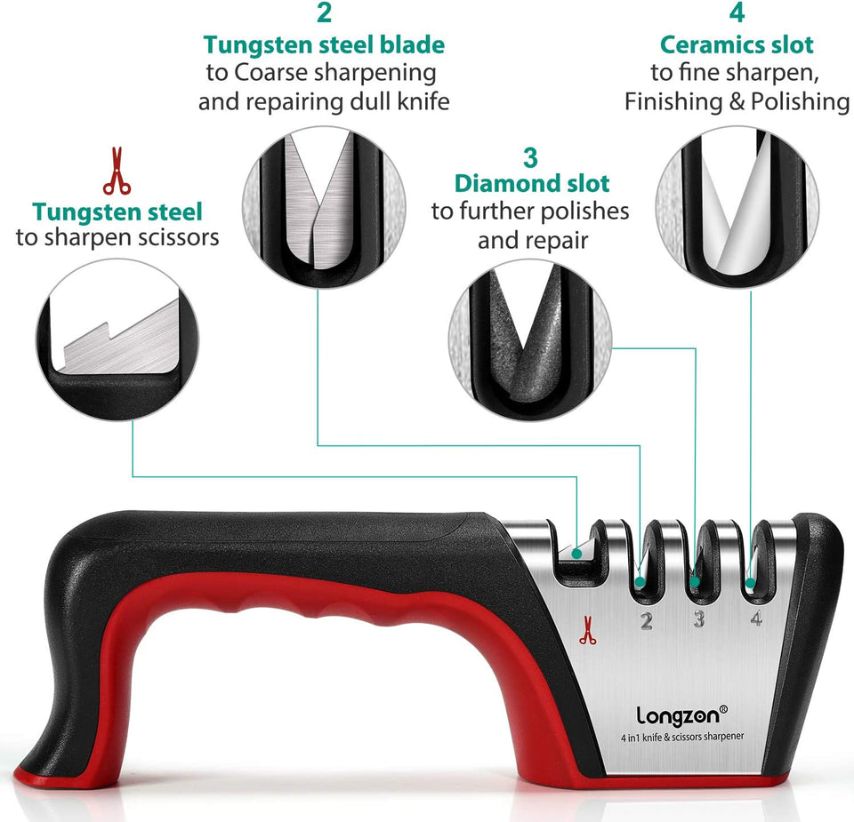 Tungsten Steel 4 in 1 Knife Sharpener with Glove - Black