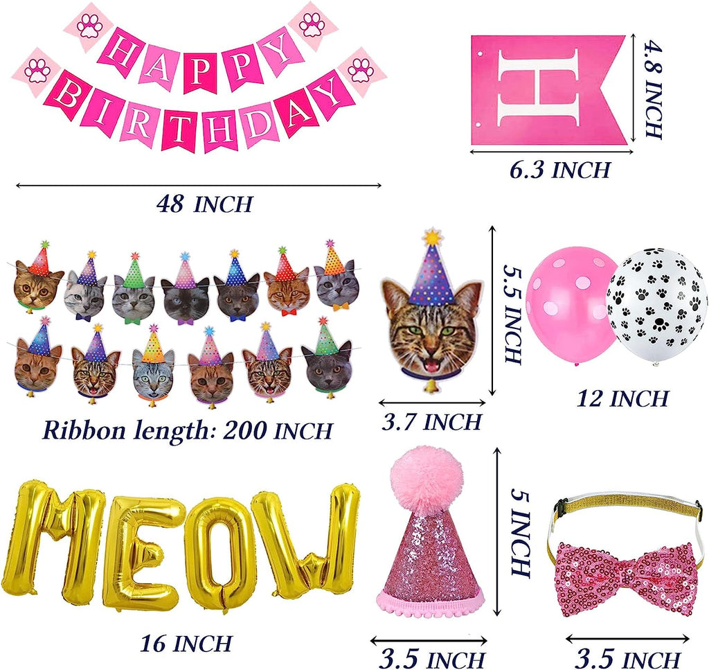 Cat Birthday Party Supplies, Cat Birthday Hat Bandana Bow Tie Collar Birthday Number Cat Birthday Banner Garland MEOW Letter Balloons for Cat Kitten Birthday Outfits Decorations (Pink)