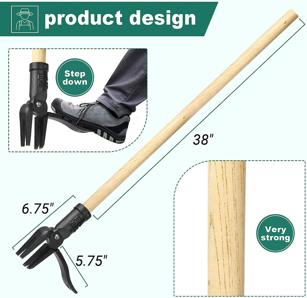 Weed Puller Tool with Long Wooden Handle, Stand up Weed Puller Tool with 4-Claw Steel Head, Root Remover for Crabgrass, Dandelions, Thistles, and Nutsedge