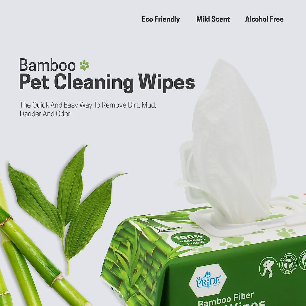 MED PRIDE 100% Bamboo Fiber Pet Wipes [4 Packs = 400 Wipes] - Hypoallergenic Dog and Cat Cleaning Wipes with Aloe Vera- Alcohol and Paraben-Free Deodorizing Pet Wipes- Dog/Puppy Bath Wipes, 8”X8”